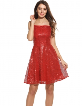 

Wine red New Women Sexy Square Collar Sleeveless Sequined Pleated Spaghetti Straps Dress Cami, Multicolor