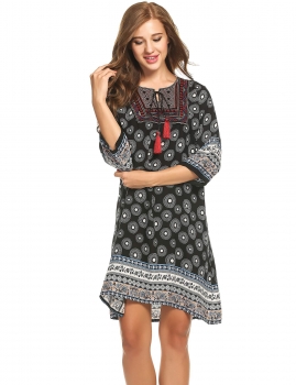 

Black Ethnic Styles 3"4 Sleeve Prints Loose Shift Dress, Multicolor