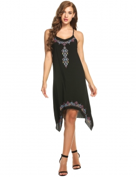 

Black Spaghetti Straps Ethnic Styles Prints Asymmetrical Hem Dress, Multicolor