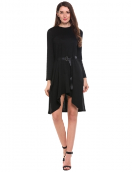 

Black Asymmetrical Patchwork Long Sleeve Belted A-Line Dress, Multicolor