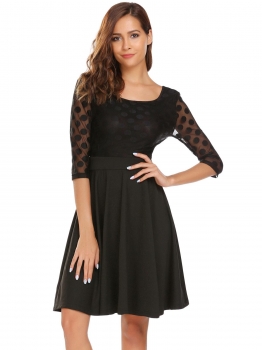 

Black 3"4 Sleeve Mesh Patchwork Dot A-Line Dress, Multicolor