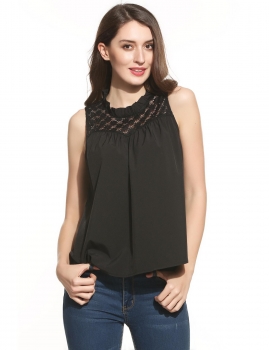 

Black Ruffles Mock Neck Sleeveless Floral Lace Loose Tank Top, Multicolor