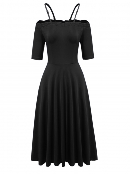 

Black Spaghetti Strap Short Sleeve Solid A-Line Pleated Dress, Multicolor
