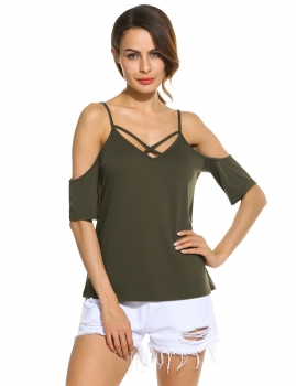 

Spaghetti Strap Cross Strap Front Half Sleeve Solid V-Neck Top, Multicolor