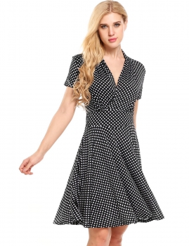 

Polka dot Short Sleeve V Neck Casual A-Line Dress, Multicolor