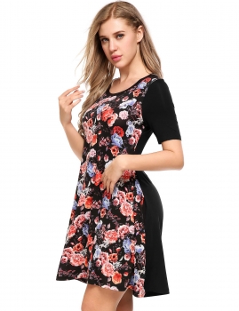 

Black Short Sleeve Patchwork Round Neck A-Line Dress, Multicolor
