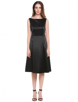 

Black Boat Neck Sleeveless Solid Zipper Pleated Dress, Multicolor