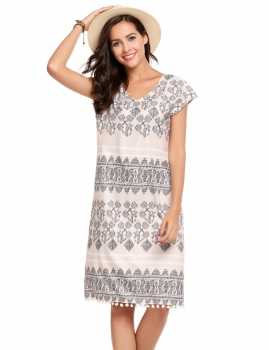 

Pink Sleeveless Pom Pom Hem Prints Loose Dress, Multicolor