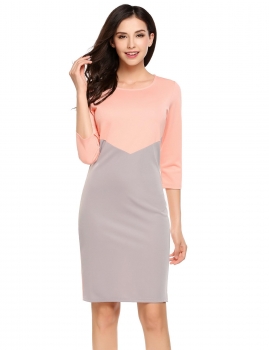 

Pink Gray O-Neck 3"4 Sleeve Patchwork Contrast Color Slim Dress, Multicolor