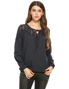 

Dark gray Front Key Hole O-Neck Long Sleeve Casual Tops, Multicolor