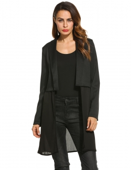 

Black Shawl Lapel Chiffon Patchwork Slim Open Front Long Blazer Coat, Multicolor