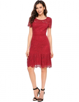 

Wine red O-Neck Short Sleeve Floral Lace Hollow Out Dress, Multicolor