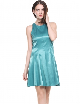

Blue Casual O-Neck Sleeveless Solid A-Line Pleated Hem Dress, Multicolor