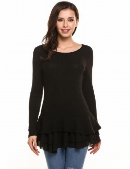 

Black Long Sleeve Layered Ruffles Pullover Ribbed Knit Sweater, Multicolor