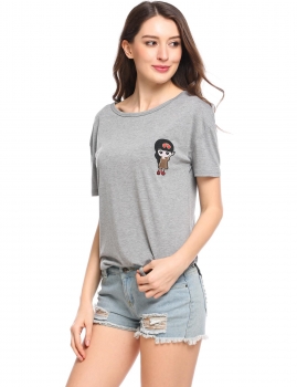 

Gray Character Embroidery Elastic O-Neck Short Sleeve Pullover T-Shirt, Multicolor