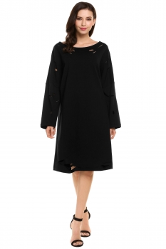 

Black Boat Neck Long Sleeve Solid Hollow Out Loose Casual Dress, Multicolor