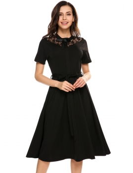 

Black Vintage Styles Lace Patchwork Bow A-Line Elastic Casual Dress, Multicolor