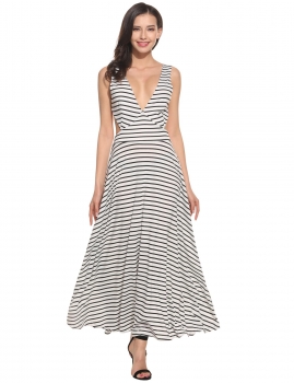 

White Women Casual V-Neck Sleeveless Striped Pleated Backless Elastic Tank Beach Maxi Dress, Multicolor