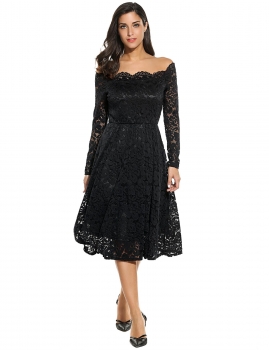

Black Vintage Styles Off Shoulder Lace Scallop Trim Dress with Lining, Multicolor
