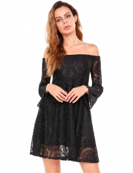 

Black Flare Sleeve Off the Shoulder Pleated Hem Lace Dress with Lining, Multicolor