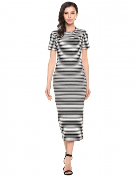 

White Slim Fit Short Sleeve Striped Sweater Casual Dress, Multicolor