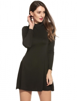 

Black Women Fashion Stand Collar Long Sleeve Backless Solid A-Line Mini Short Dress, Multicolor
