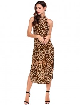 

Brown Halter Sleeveless Side Slit Leopard Print Going Out Dress, Multicolor