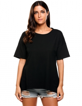 

Black Asymmetrical Hem O-Neck Short Sleeve Elastic A-Line T-Shirt, Multicolor