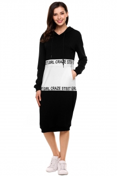 

Black Long Sleeve Letter Slim Fit Hoodie Dress With Pockets, Multicolor