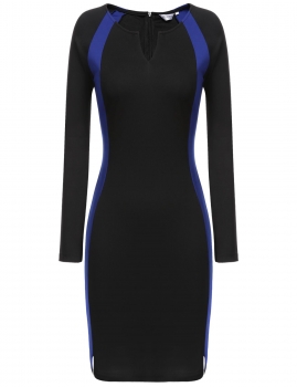 

Blue V-Neck Long Sleeve Patchwork Side Split Elastic Work Dress, Multicolor