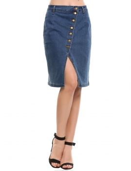 

Blue High Waist Split Front Button Clousre Denim Sheath Skirt, Multicolor