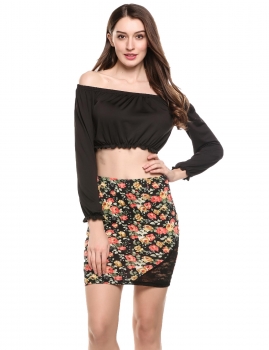 

Black High Waist Lace Patchwork Print Mini Pencil Skirt, Multicolor
