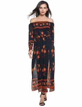 

Blue Women Sexy Long Sleeve Floral Print Off the Shoulder Pullover Maxi Dress, Multicolor
