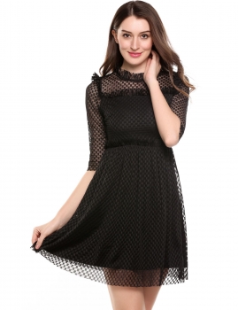 

Black 3"4 Sleeve Patchwork O Neck Ruffles Mesh Knee Legnth A-Line Dress, Multicolor