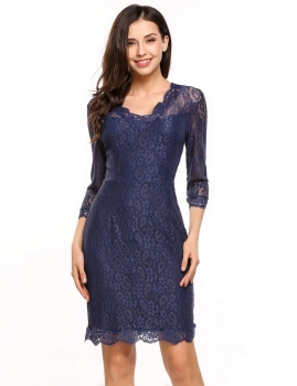 

Navy blue V-Neck 3"4 Sleeve Bodycon Lace Sheath Dress, Multicolor