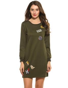 

Women's O-Neck Long Sleeve Appliques Casual Side Slit Dress With Pocket, Multicolor