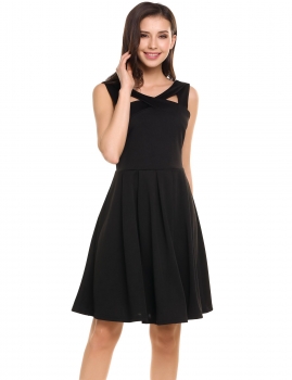 

Black V-Neck Sleeveless Cross Bandage Pleated Going Out Dress, Multicolor