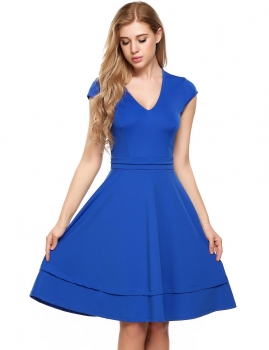 

Blue Cap Sleeve Solid V Neck Stretchy High Waist Dress, Multicolor