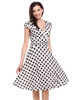 

White V-Neck Cap Sleeve Ruched Waist Polka Dots Casual Dress, Multicolor