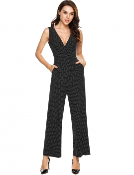 

Black Sleeveless Dot Deep V-Neck Loose Crepe Jumpsuit, Multicolor