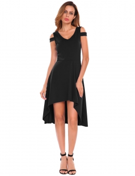 

Black V-Neck Cold Shoulder Solid High Low Hem Swing Casual Dress, Multicolor