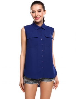 

Blue New Women Sleeveless Button Down Chiffon Blouse Tank Shirt, Multicolor