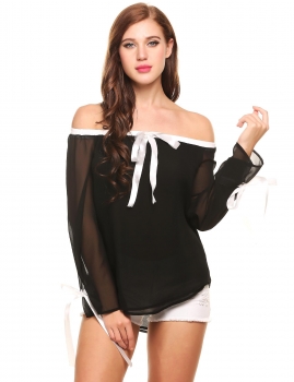 

Black Elegant Off the Shoulder Flare Long Sleeve Chiffon Blouse, Multicolor