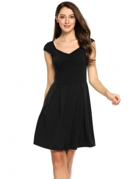 

Black Cap Sleeve High Waist A-Line Solid Swing Dress, Multicolor