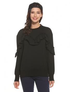 

Black O Neck Long Sleeve Solid Ruffle Fashion Sweatshirt, Multicolor