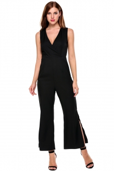 

Black Cross V Neck Sleeveless Solid Side Hem Split Chiffon Wide Leg Jumpsuit, Multicolor