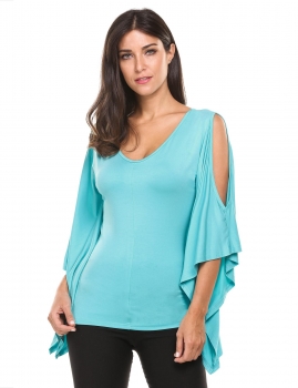 

Blue Double V-Neck Pleated Batwing Sleeve Cold Shoulder Elastic Pullover Tops, Multicolor