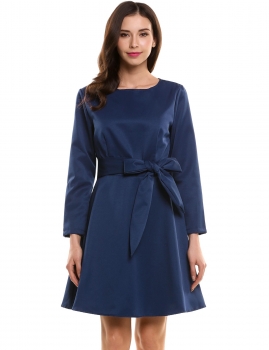 

Blue New Women Casual O-Neck Long Sleeve Solid Tunic A-Line Pleated Hem Dress with Lining, Multicolor