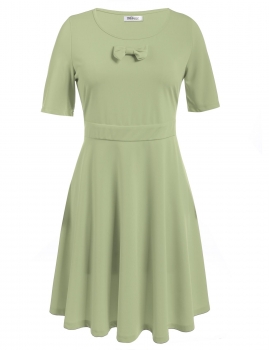 

Women Round Neck Bow Short Sleeve Solid Cocktail Party Skater Dress, Multicolor