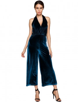 

Army green Halter Sleeveless Solid Backless Lint Wide Leg Jumpsuit, Multicolor